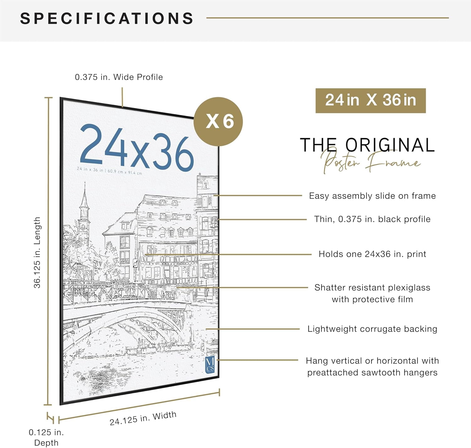 MCS Original Poster Frame 65669 24x36 Black Lightweight Vertical & Horizontal Wall Hanging Large Picture Frame for Posters, 044021656693 Art Prints & Gallery Wall (6-Pack)