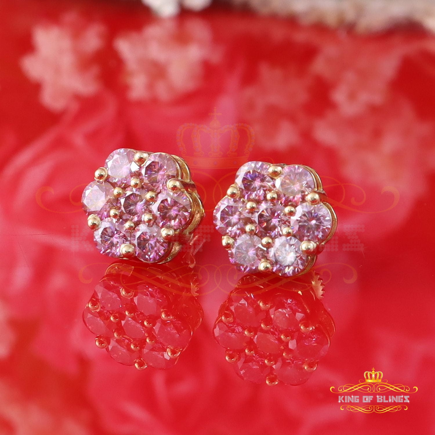 King of Bling's 925 Silver Yellow 2.25ct VVS D Pink Moissanite Floral Mens/Women's Stud Earrings
