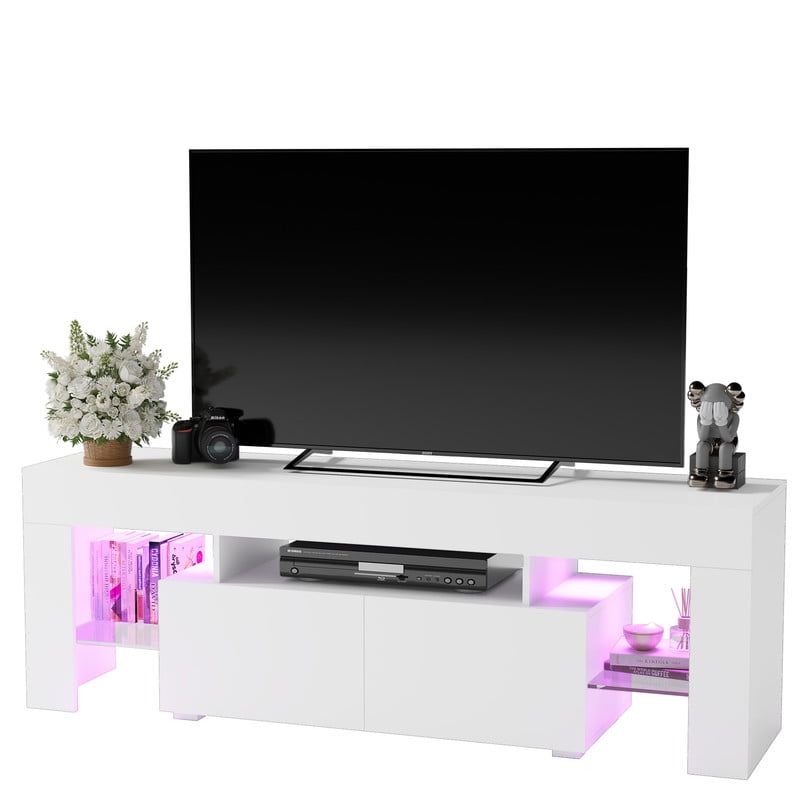 Homall 63'' TV Stand for TVs up to 70'', TV Stand with Remote LED Lights, White Modern Entertainment Center with Soft-Close Drawers & Adjustable Shelves for Living Room, White