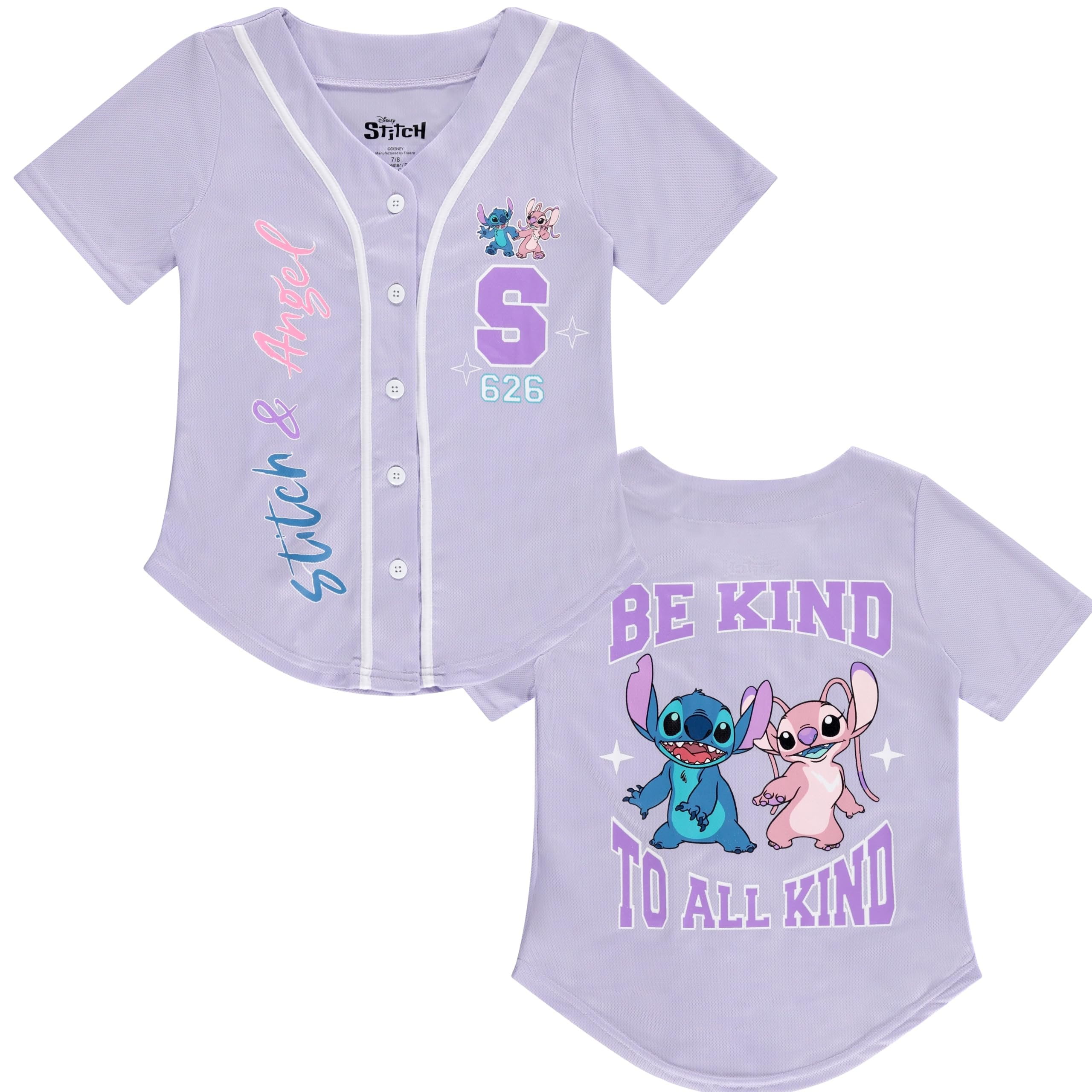 Disney Girls Baseball Jersey T-Shirt with Lilo & Stitch and Mickey Mouse- Girls Sizes 4-16 Lavender