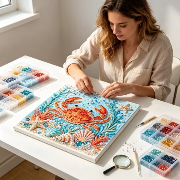 POSORJU Ocean Theme Pearl Art DIY Kit, 8D Sparkling Coastal Wall Decor with Blue Octopus, Seashells, Starfish & Rhinestone Accents, Relaxing Craft for Adults, Teens, Beach Lovers (Crab)