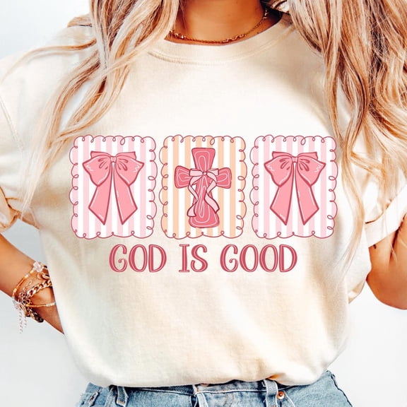 God Is Good Coquette Christian T-Shirt for Women, Cute Boho Bible Verse Tee, Pink Religious Faith Graphic Tee with Cross, Spiritual Gift