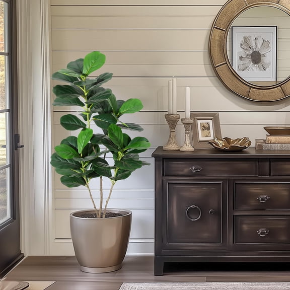 Artificial Fiddle Leaf Fig Tree：4FT Tall Faux Ficus Lyrata Plant Fake Fig Trees Realistic Green Silk Large Leaves with Natural Trunks in Black Planter for Indoor Outdoor Office Home