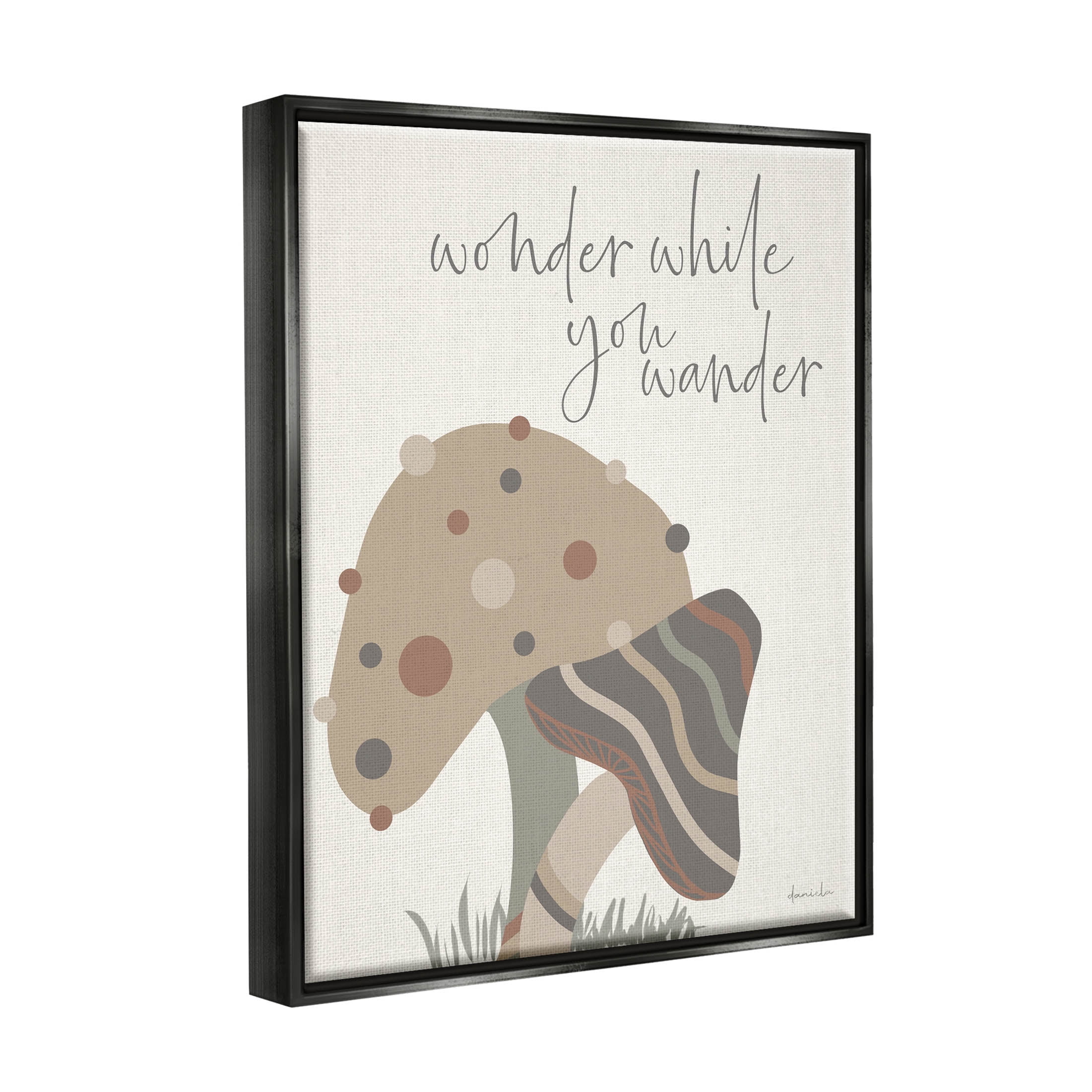 Stupell Industries Wonder While you Wander Mushroom Graphic Art Jet Black Floating Framed Canvas Print Wall Art, Design by Daniela Santiago