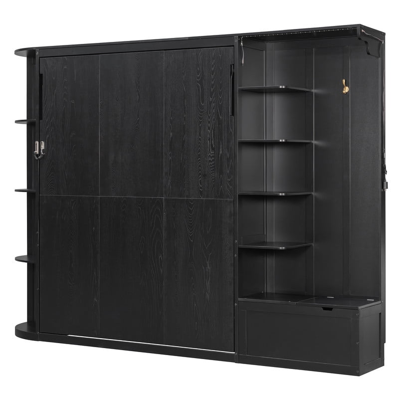 Queen Murphy Bed with Shelves, Coat Hook & Hidden Storage Cabinet, Space-Saving Wall Platform Bed with Built-in Lights