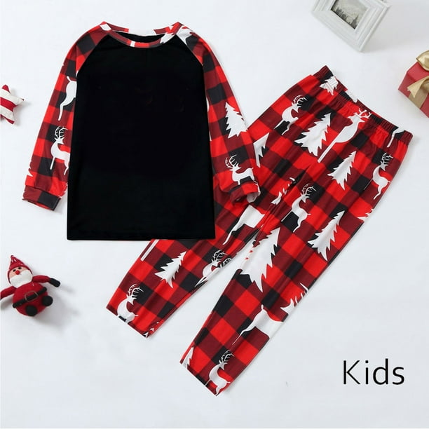 Conjunto navideño de moda para padres e hijos, pijama con estampado a cuadros para el hogar, cuello redondo, manga larga, conjunto de dos piezas para niños, blusa y pantalones de poliéster para niños