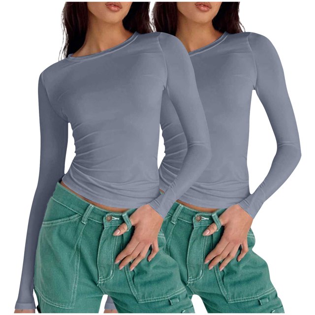 cfhntfmh Womens 2 Pack Long Sleeve Shirts Basic Fall Crop Tops Slim Fit Going out Clothes Lightweight Tight Tee