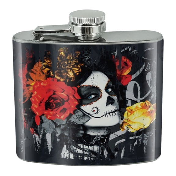 Dia de los Muertos Day of the Dead Woman Tattoo Stainless Steel 5oz Hip Drink Kidney Flask