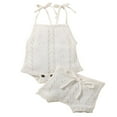 thumbnail image 1 of Infant Baby Girl Summer Clothes Outfits Boho Knit Crochet Spaghetti Straps Bodysuit+Drawstring Short Pants Set Brown 9-12 Months, 1 of 7