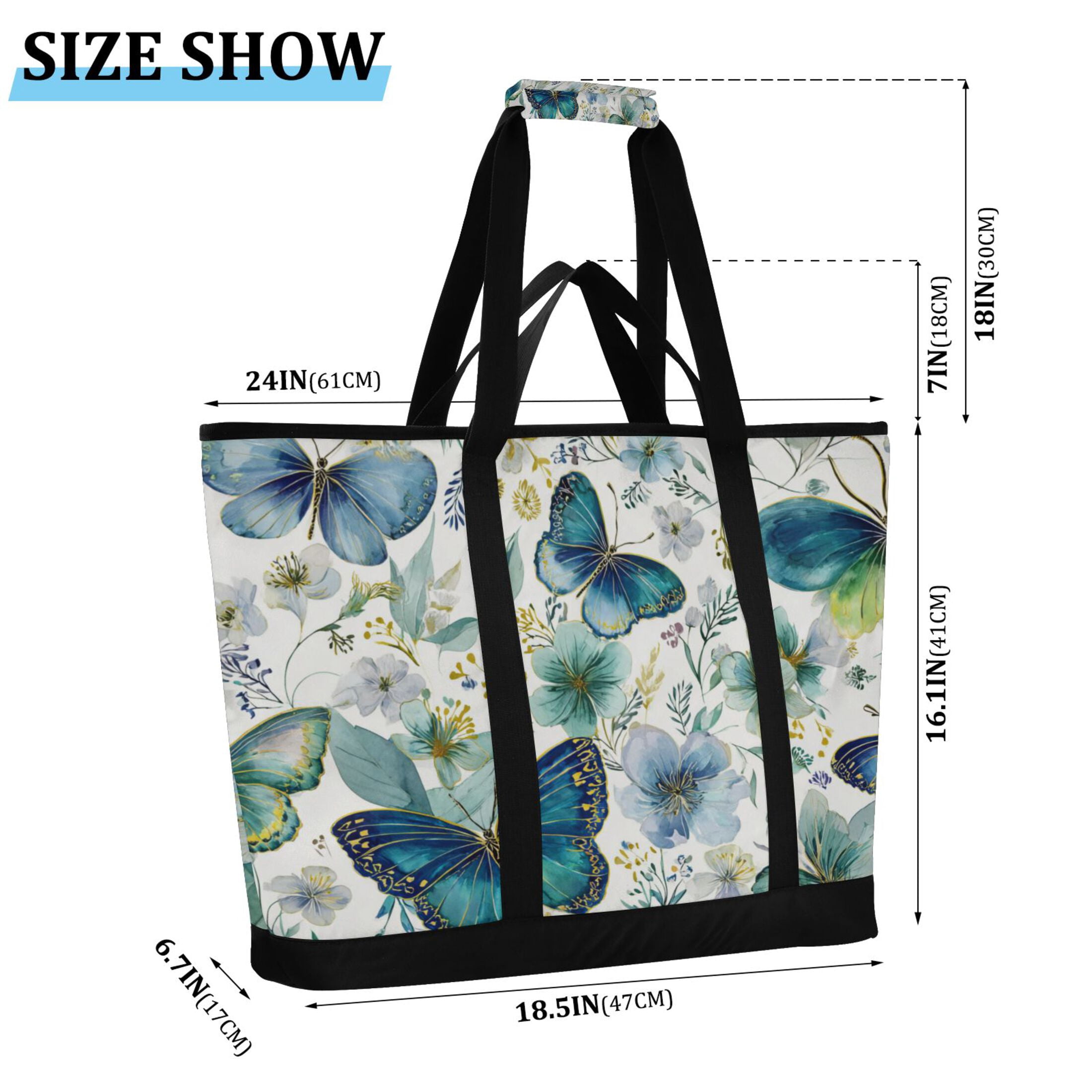 Extra-Large Wide Opening Design Capacity Hand-Held Ice Pack Thickened Insulation Layer For Long-Lasting Cold Retention For Outdoor Shopping Picnics And Camping Watercolor Green Butterflies