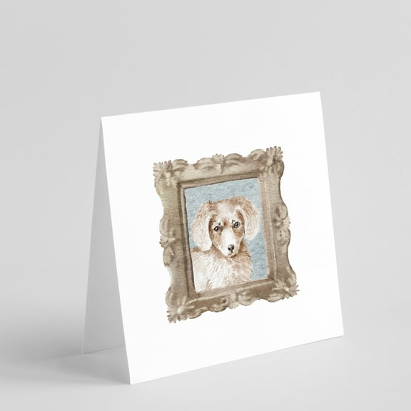 Dachsund Longhaired Red Puppy Front View Square Greeting Cards and Envelopes Pack of 8 5 in x 5 in