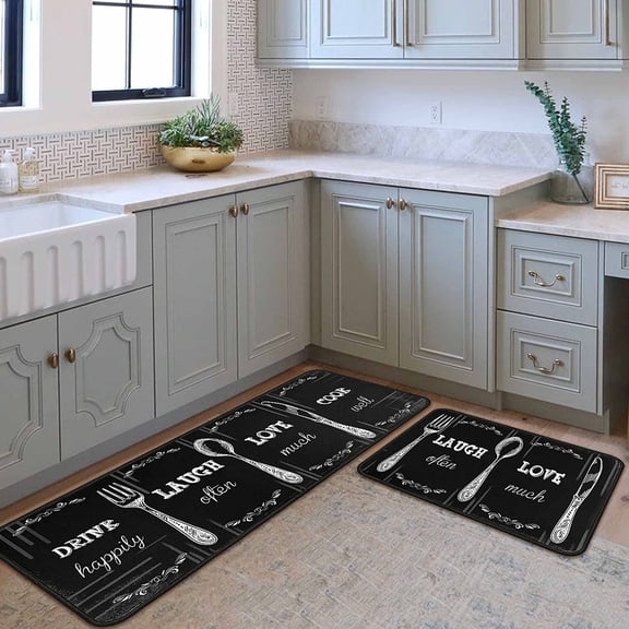 Black Kitchen Rugs and Mats Non-Slip, Washable, Stain and Fade Resistant, Suitable for Kitchen Mat Set of 2 Dinnerware Kitchen Decor 17"x47" 17"x30"