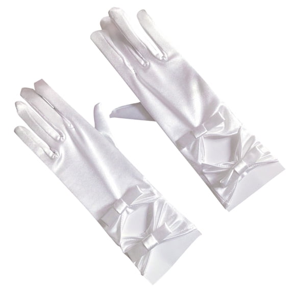 KALLORY White Satin Bridal Gloves Pair with Elegant Bow Design, Perfect Wedding & Party Accessories