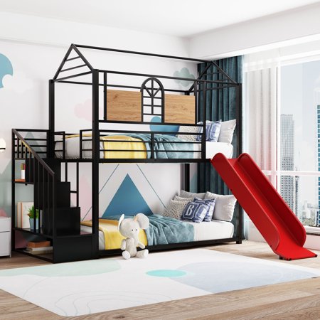 House Bunk Bed with Slide  Twin Over Twin Metal Bunk Bed with Storage Stairs Low Bunk Bed Frame with Roof & Window and Full-Length Guardrails for Kids Boys Girls No Box Spring Needed  Black+Red