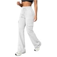 thumbnail image 4 of Ayolanni Womens Pants Jogging Hiking Solid Straight Leg Pants White Drawstring Elastic Waist Slim Cargo Pants with Pockets XL, 4 of 7