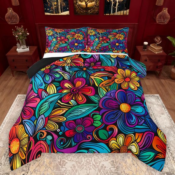 Manfei Boho Floral Bedding Comforter Set,Rustic Botanical Twin Comforter Sets,Rainbow Flower Bedding Set For Kids,Breathable Home Decor Reversible,2pcs