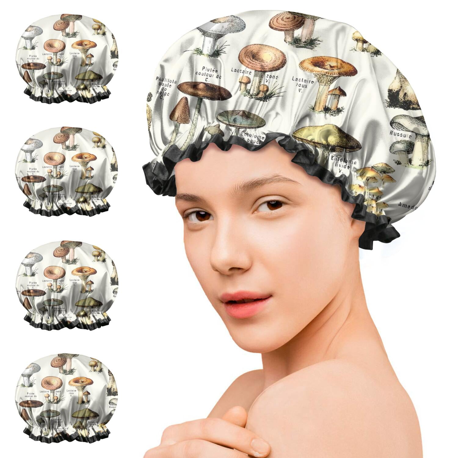 Shower Caps,Brown Mushroom Label Light Pattern Waterproof Shower Cap for Women 4 Pieces,Double Reusable Hair Cover for Shower PEVA Elastic Stretch Hem