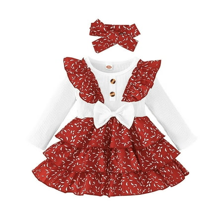 

Toddler Girls Long Sleeve Ribbed Ruffles Bowknot Princess Dress Headbands Set