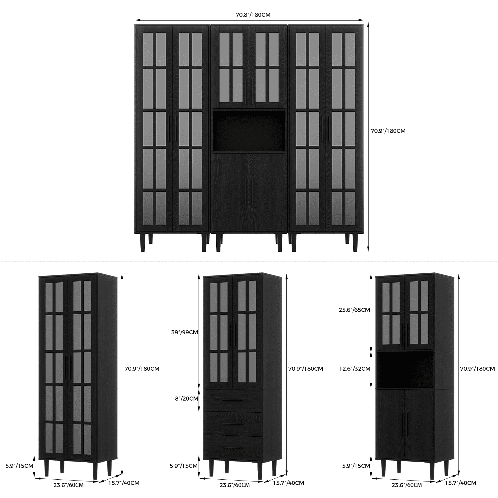 RichYa 3Pcs Bookcases with Doors,5-Tier Bookshelves with Storage Cabinet,Combination Display Cabinets for Home Office,Black(AAC)