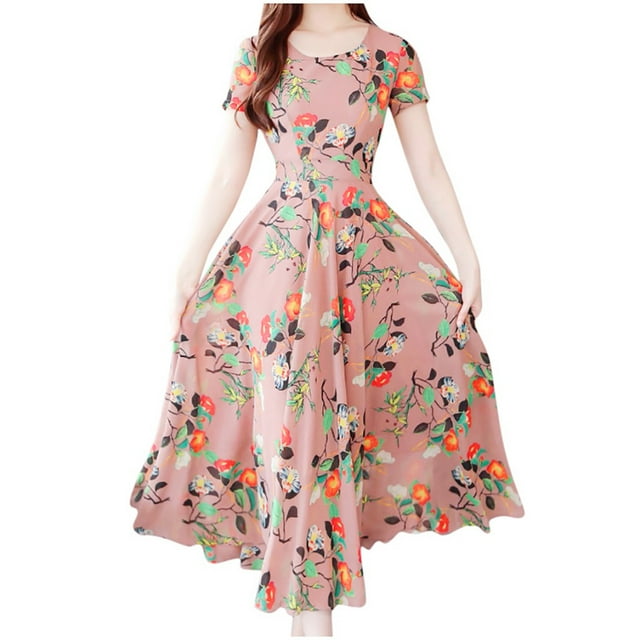 Hontri Robe Décontractée pour Femme Offres à Moins de 15 $, Mode Femme Été Mi-Mollet Manches Courtes Robe de Plage Imprimée Rose 3TG