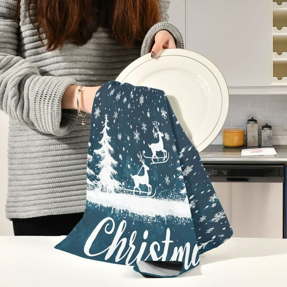 BZSMCE Kitchen Towels Creative Design White Snowflakes Reindeer Pattern Durable Kitchen Towel
