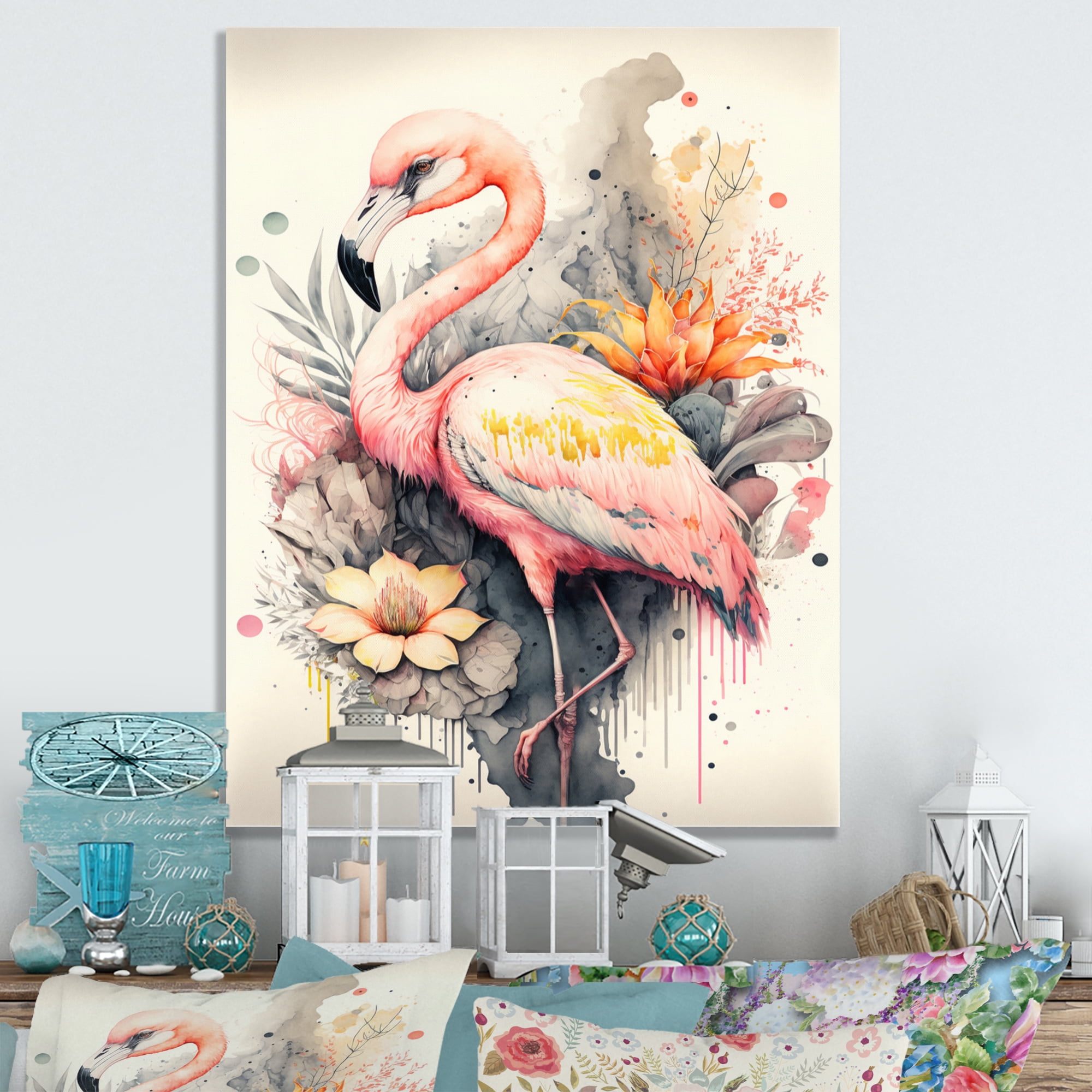 Designart Stunning Flamingo Floral Art IV Canvas Wall Art