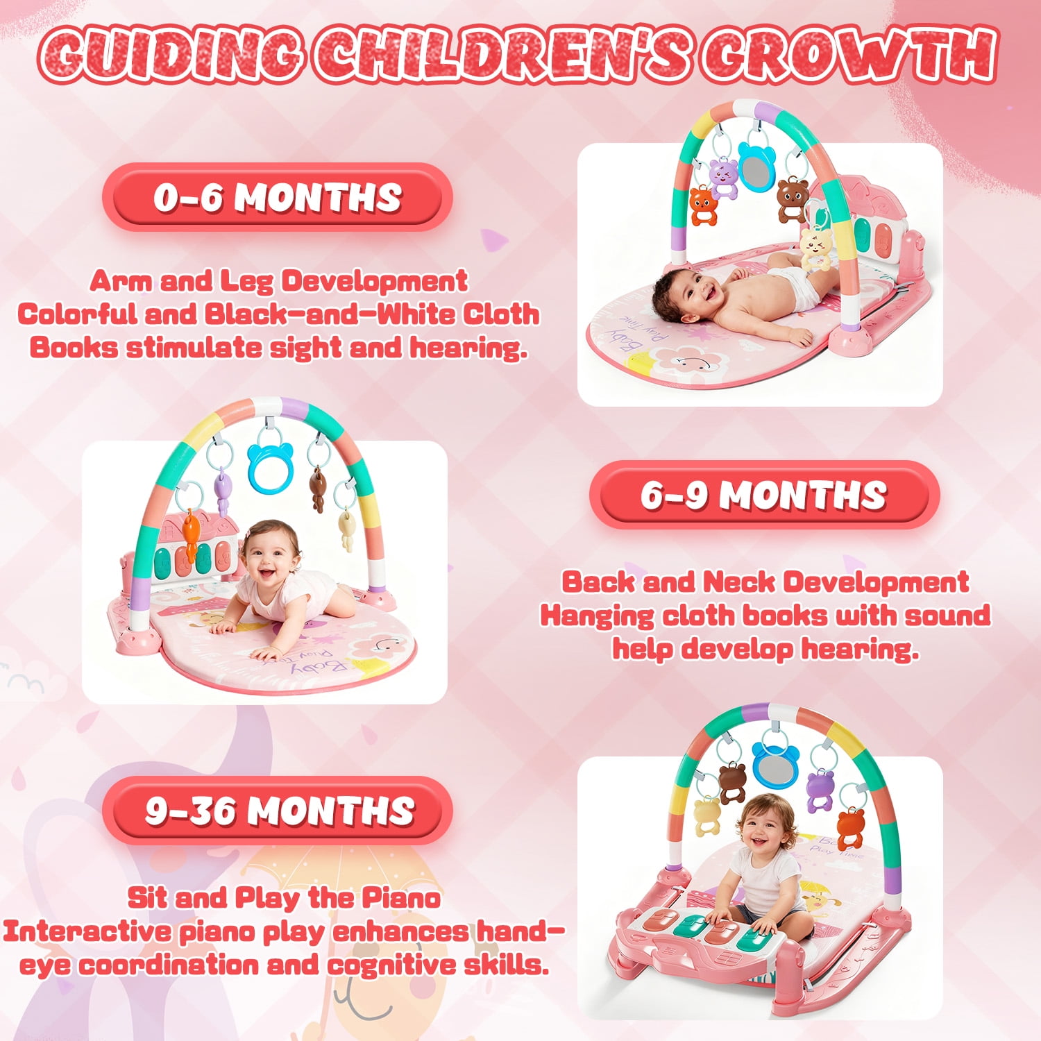 WonderStone 2-in-1 Baby Gym Playmat, Tummy Time Water Mat with 2 Cloth Books and 5 Infant Sensory Baby Toys & Play Piano, Newborn Baby Gift for Boys & Girls 0–24 Months (Pink)