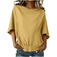 thumbnail image 2 of LWITHSZG Cotton Linen Half Sleeve Tops for Women Pleated Boat Neck T Shirts Casual Loose Fit Work Blouses Summer Outfits S-XXL, 2 of 9