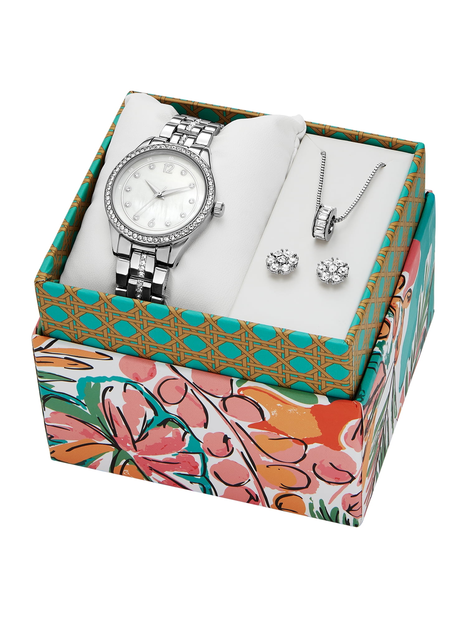 Folio Women's Watch Gift Set: Silver Tone Round Case, Mother of Pearl Dial, Silver Tone 3 Link Bracelet With Crystal Accents