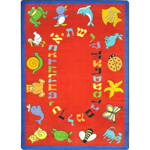 Joy Carpets Kid Essentials ABC Animals (Hebrew Alphabet) 78" x 109" Oval Indoor Area Rug in Color Red