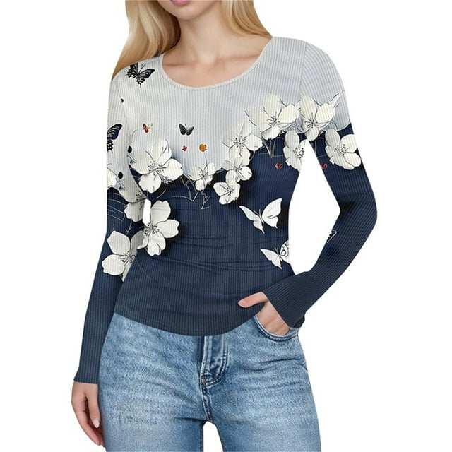Ailaofu Womens Long Sleeve Stretch Crewneck Ribbed T-Shirt Slim Fit Casual Basic Tops