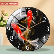 12 Inch Tempered Glass Wall Clock, Red Koi Swimming Pattern Design Wall Clock, Silent Clock, Suitable for Home Decoration (Battery Not Included), 30cm