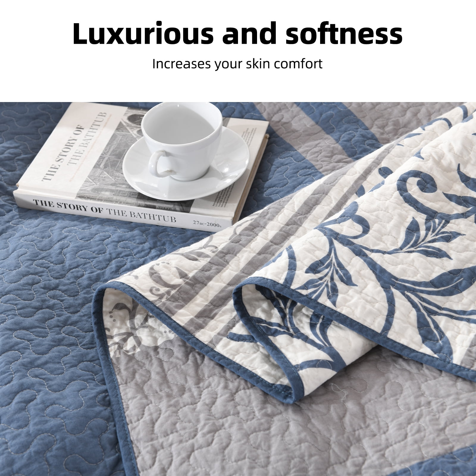 PANGUSHAN 100% Cotton King Quilt Set, Floral Striped Patterns King Size Quilt Bedding Set Bedspreads, Reversible Quilted Lightweight Comforter, Blue/Gray/White Bed Spread for King Bed, 3pcs