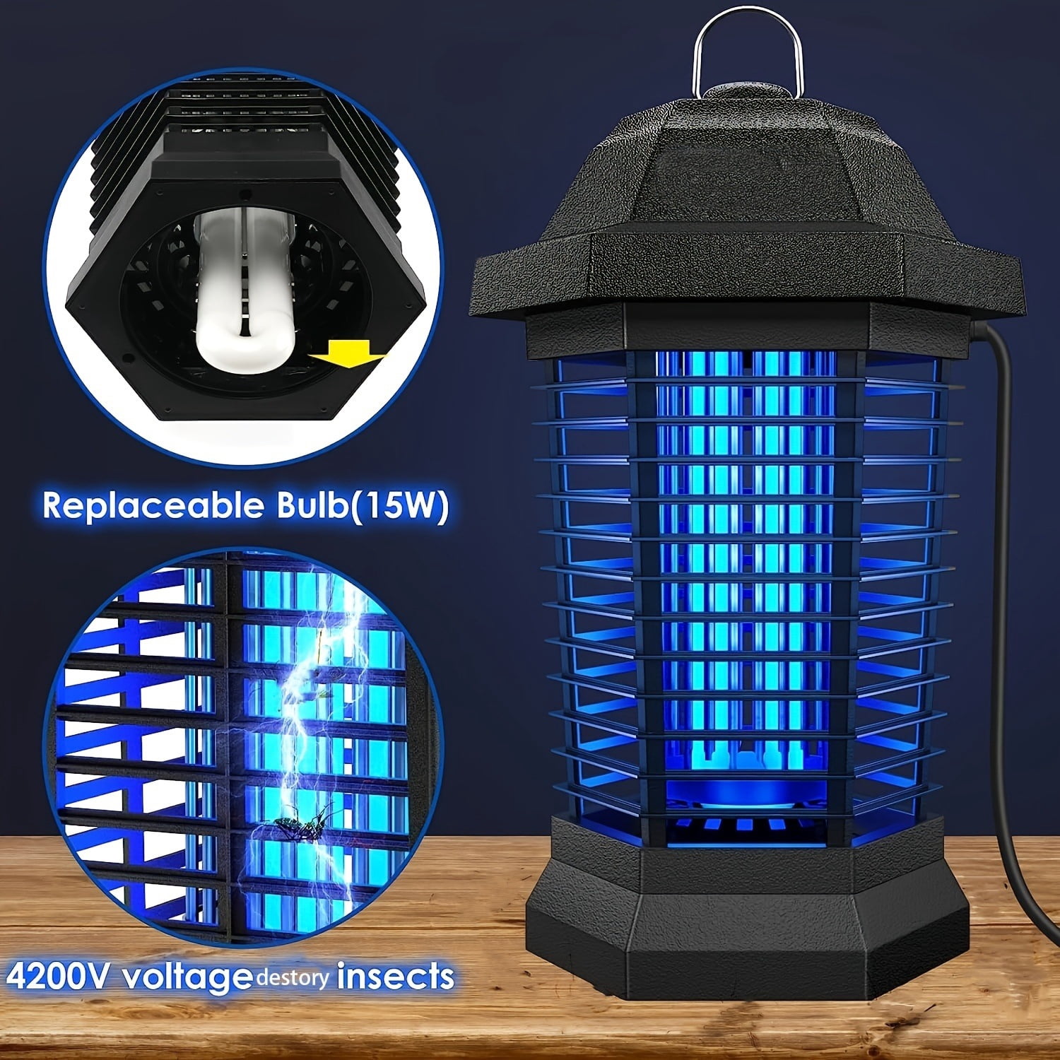 Bug Zapper Outdoor, Mosquito Zapper, 3 Prong Plug in Electric Fly Zapper, Mosquito Killer, Fly Traps, Flying Insects Zapper Indoor Outdoor, 4200V, ABS Plastic Outer (Black),Black T6
