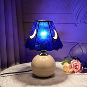 Mushroom Lamp Small Bedside Table Lamp-Nightstand Blue Glass Moon Nightlight for Bedroom Dorm Living Kitchen, Tiffany Style Aesthetic Cute Home Decor