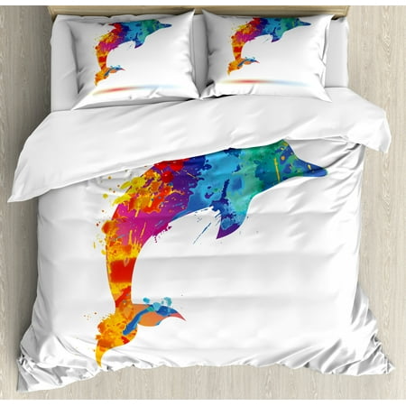 Dolphin Queen Size Duvet Cover Set, Multicolored Animal Design Watercolor Pattern Vibrant Ocean Mammal Image Print, Decorative 3 Piece Bedding Set with 2 Pillow Shams, Multicolor, by Ambesonne