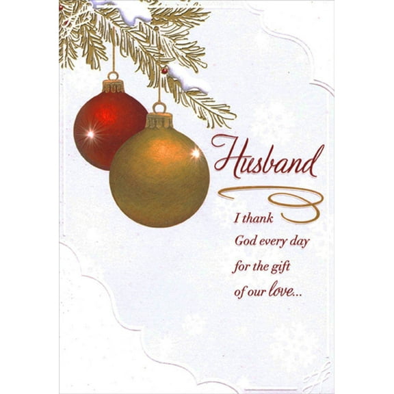 Designer Greetings Red and Gold Ornaments Hanging From Gold Foil Branch Religious Christmas Card for Husband