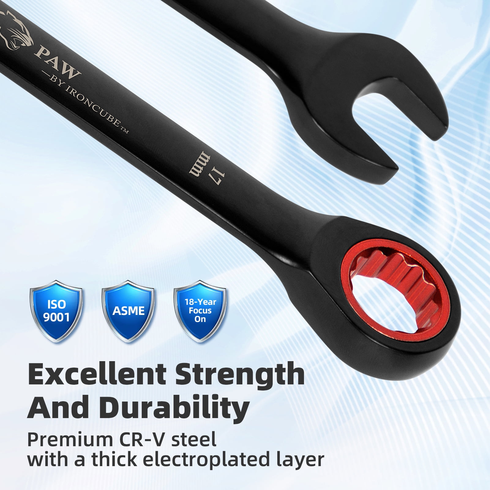 IRONCUBE 16-Piece Metric & SAE Ratcheting Wrench Set - Black Chrome Vanadium - Including Water-Resistant Wax Canva Bag - for Automotive Repair