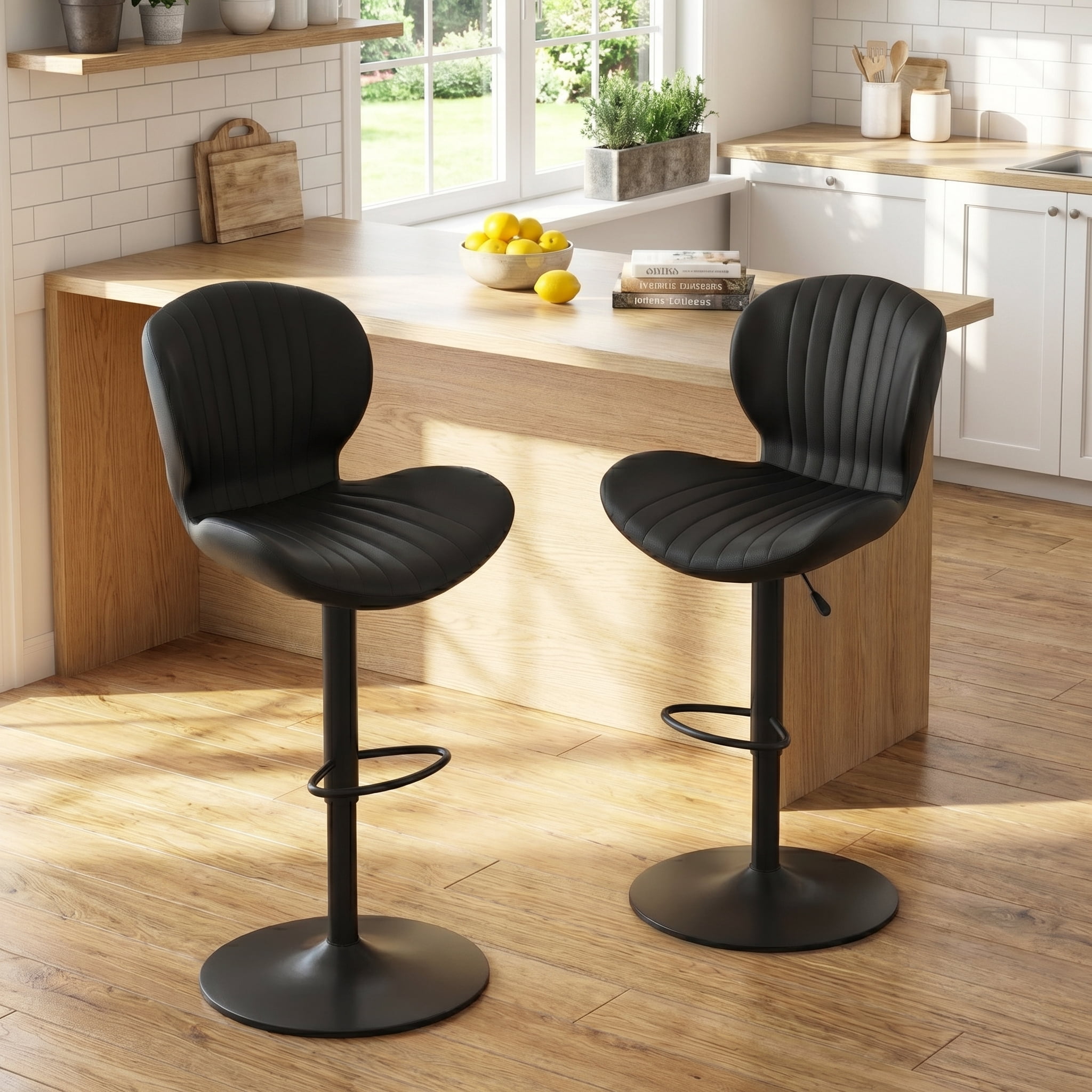 Waleaf Modern Adjustable Bar Stools Set of 2, Faux Leather Upholstered Swivel Counter Stools, Counter Height Bar Chair with Back for Kitchen Island