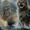 thumbnail image 5 of Orinice  Funny Cat Shower Curtain Brave Kitten Sea Kraken Sailboats Seagulls Full Moon Natural Scenery Ocean Theme Polyester Bathroom Decor Curtains Set with Hook 69x72, 5 of 7
