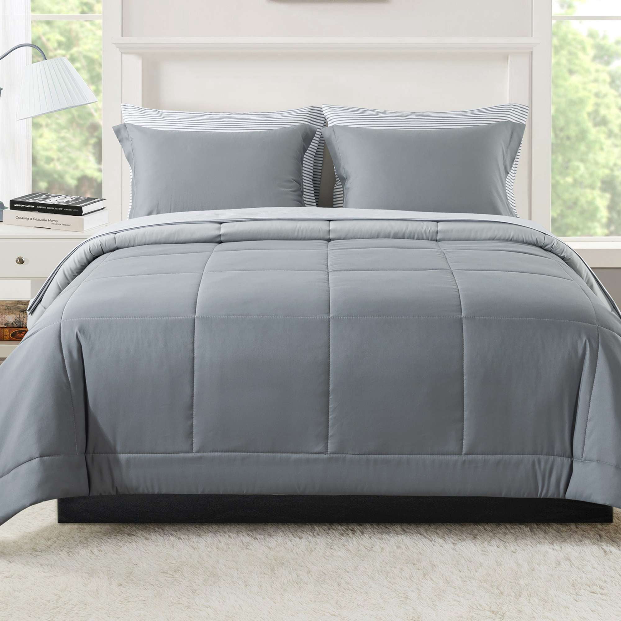 Mainstays All in One Reversible Comforter and Sheet Set, 7-Piece, King, Gray