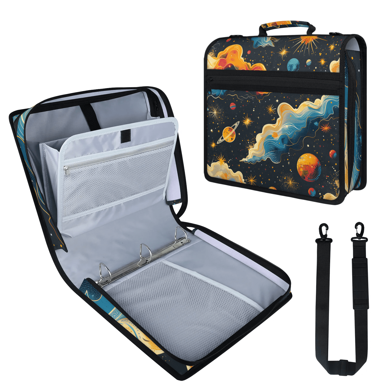 Herdesigns Outer Space Zipper Binder 1.5 Inch 3 D-Rings with Shoulder Strap & Handle, Waterproof Galaxy Star Binder Organizer Bag for 13 Inch Laptop