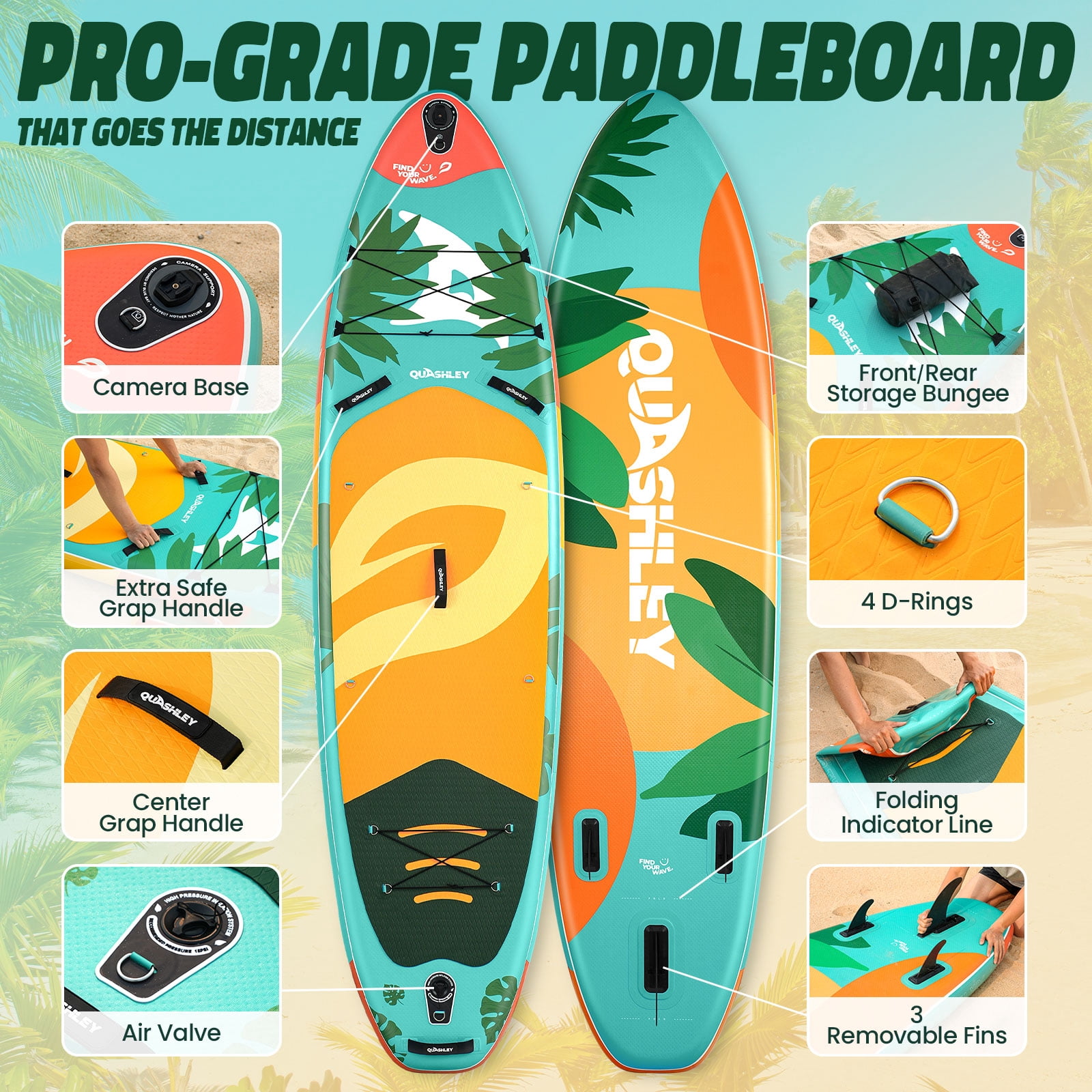 Quashley Wide Inflatable Stand up Paddle Board, 11 ft x 34 inch All-Around SUP Board with Paddle, Hand Pump, Backpack and Leash