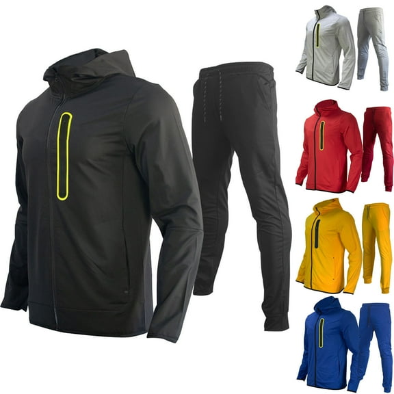 QQAMB 2 Piece Tracksuit Outfits for Men Fashion Colorblock Zipper Hoodie Jacket Matching Jogging Hiking Sweatsuit