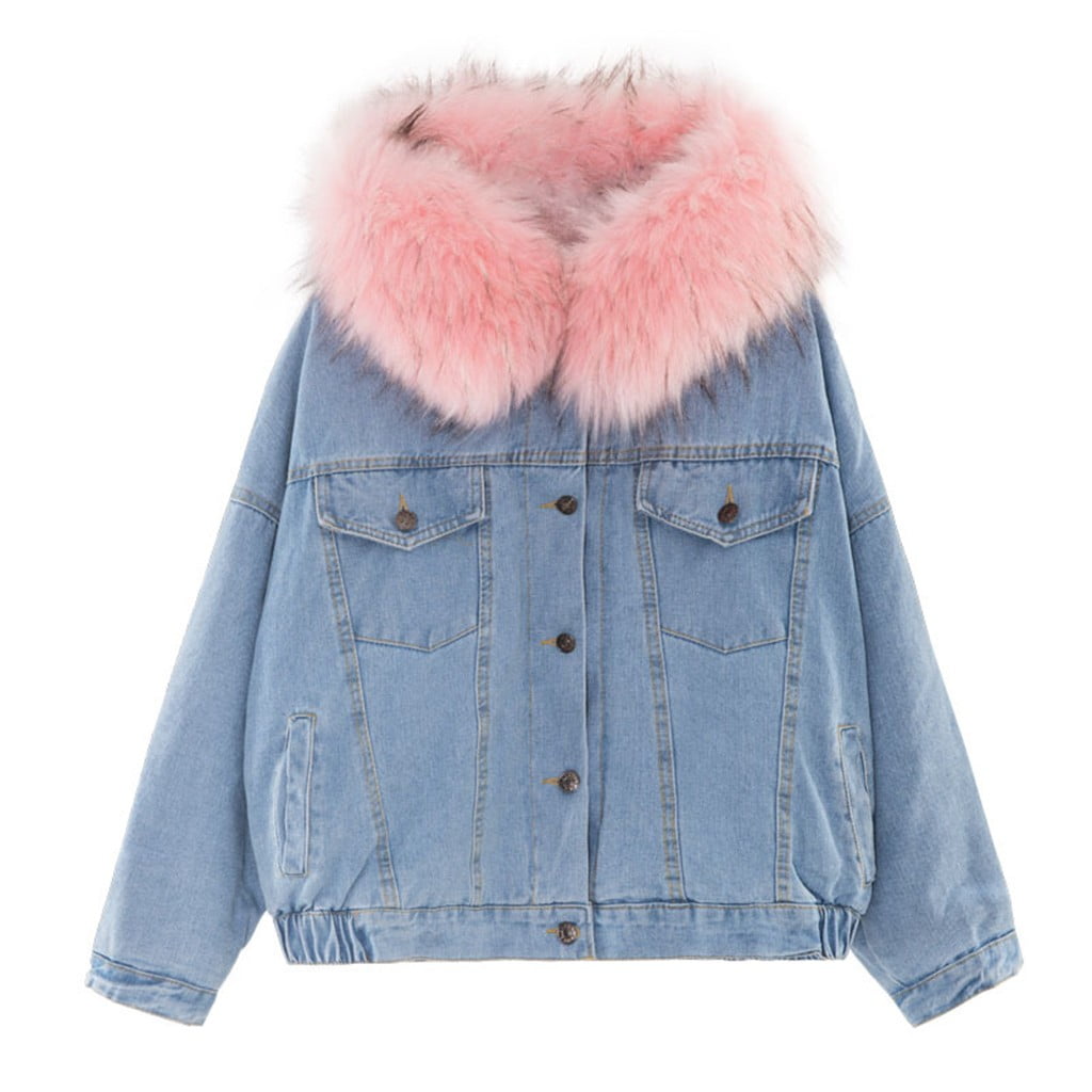 denim winter coat with fur hood