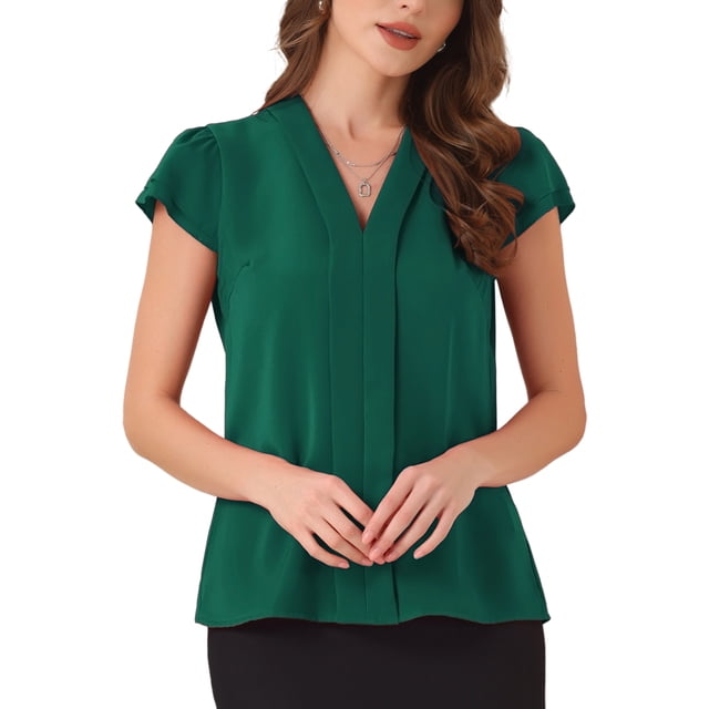 Blusas de Oficina INSPIRE CHIC de Verano para Mujeres, Blusa Casual de Chifón con Mangas de Volantes en Color Sólido y Cuello en V, Verde Oscuro