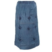 Mogul Women's Stonewashed Skirt Blue Embroidered Rayon A-Line Skirts
