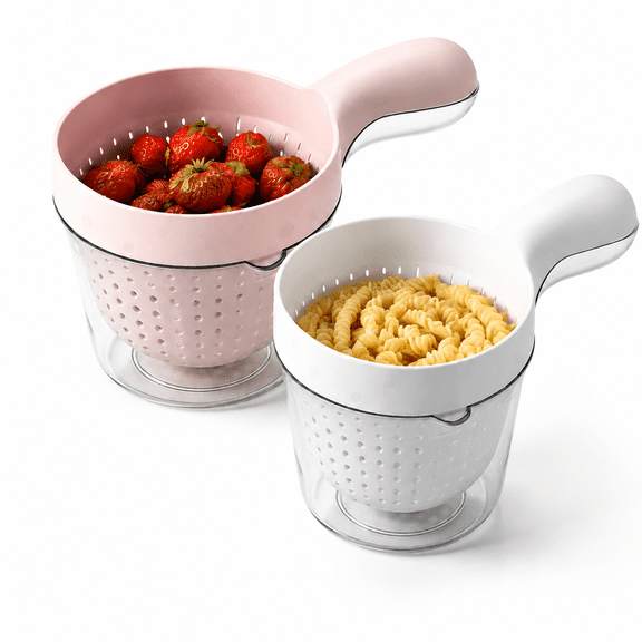 2 Pack Double Layer Colander with Handle – White & Pink, 2-in-1 Detachable Fruit and Vegetable Washing Basket Strainer Bowl Set for Berries, Pasta, and Produce – BPA-Free Kitchen Strainer Container