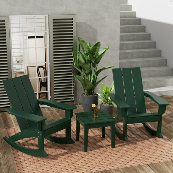WestinTrends Ashore 3 Piece Patio Rocking Chair Set, All Weather Poly Lumber Adirondack Rocker Bistro Set Porch Patio Chairs Set of 2 with Large Side Table, Dark Green