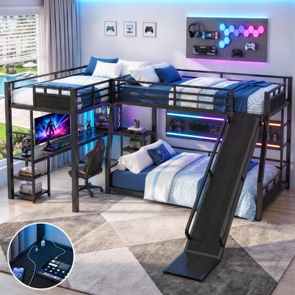 Aukfa Metal Triple Bunk Bed with Desk, Shelves, USB Ports and Slide, Full XL over Queen Bunk Bed with a Twin XL Loft Bed for Kids Teens Shared Bedroom, Black